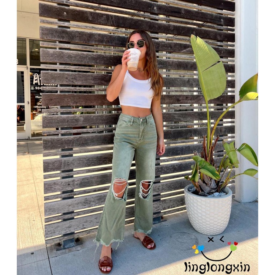 Quần Jeans Nữ Lưng Cao Ống Loe Rách Gối Linglongxi2
