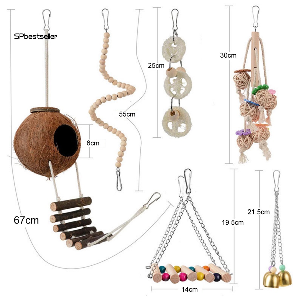 Set 6 Đồ Chơi Treo Lồng Chim Vẹt Bằng Gỗ Tự Nhiên Có Móc Cỡ Nhỏ / Vừa / Nhỏ