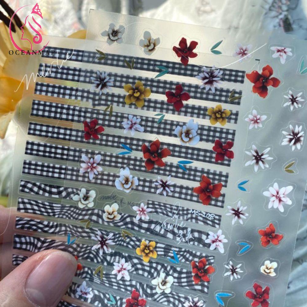 OCEANMAP Miếng Dán Trang Trí Móng Tay Họa Tiết Hoa Trắng Đen Siêu Mỏng Phong Cách Nhật Bản DIY
