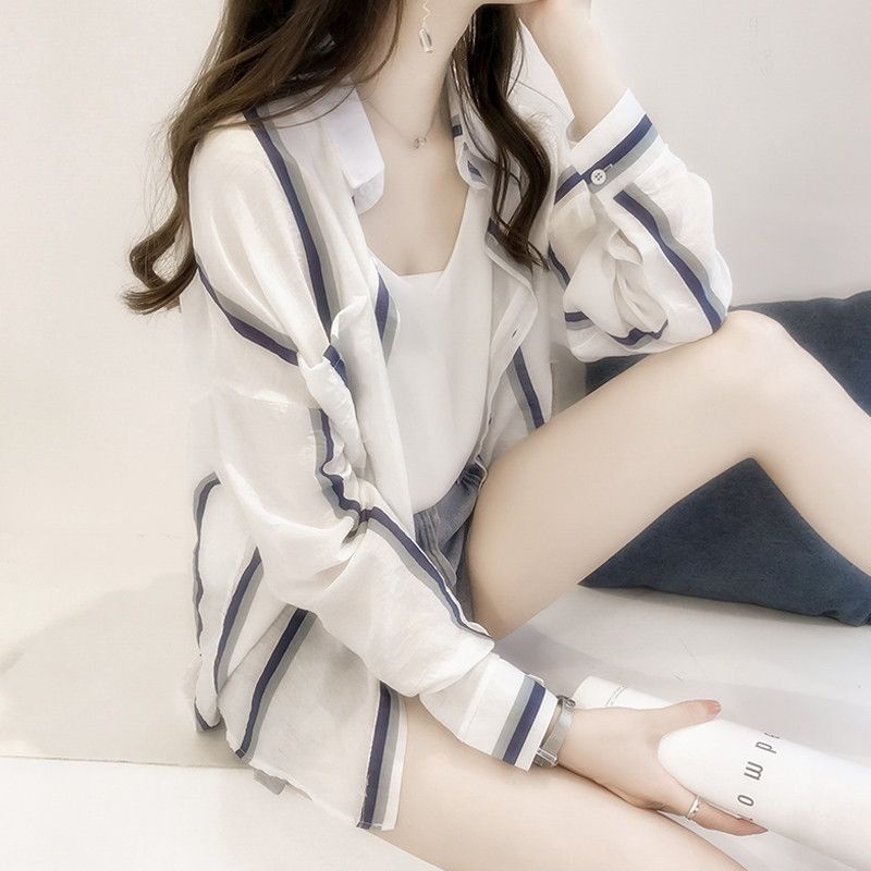 Áo Sơ Mi Chiffon Kẻ Sọc Dáng Rộng Vừa Vặn Thoáng Khí Đơn Giản Hợp Thời Trang Cho Nữ