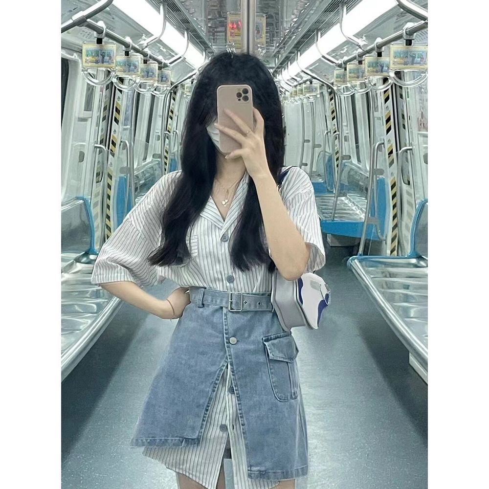 Bộ Áo Sơ Mi Ngắn Tay Họa Tiết Kẻ Sọc + Chân Váy Denim Phong Cách Phương Tây Thời Trang Mùa Hè 2023 Mới