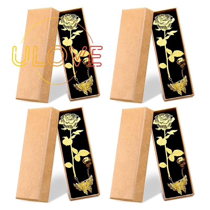 Bộ 4 Thẻ Đánh Dấu Trang Sách Hình Hoa Hồng 3D Bằng Kim Loại Kèm Hộp Đựng