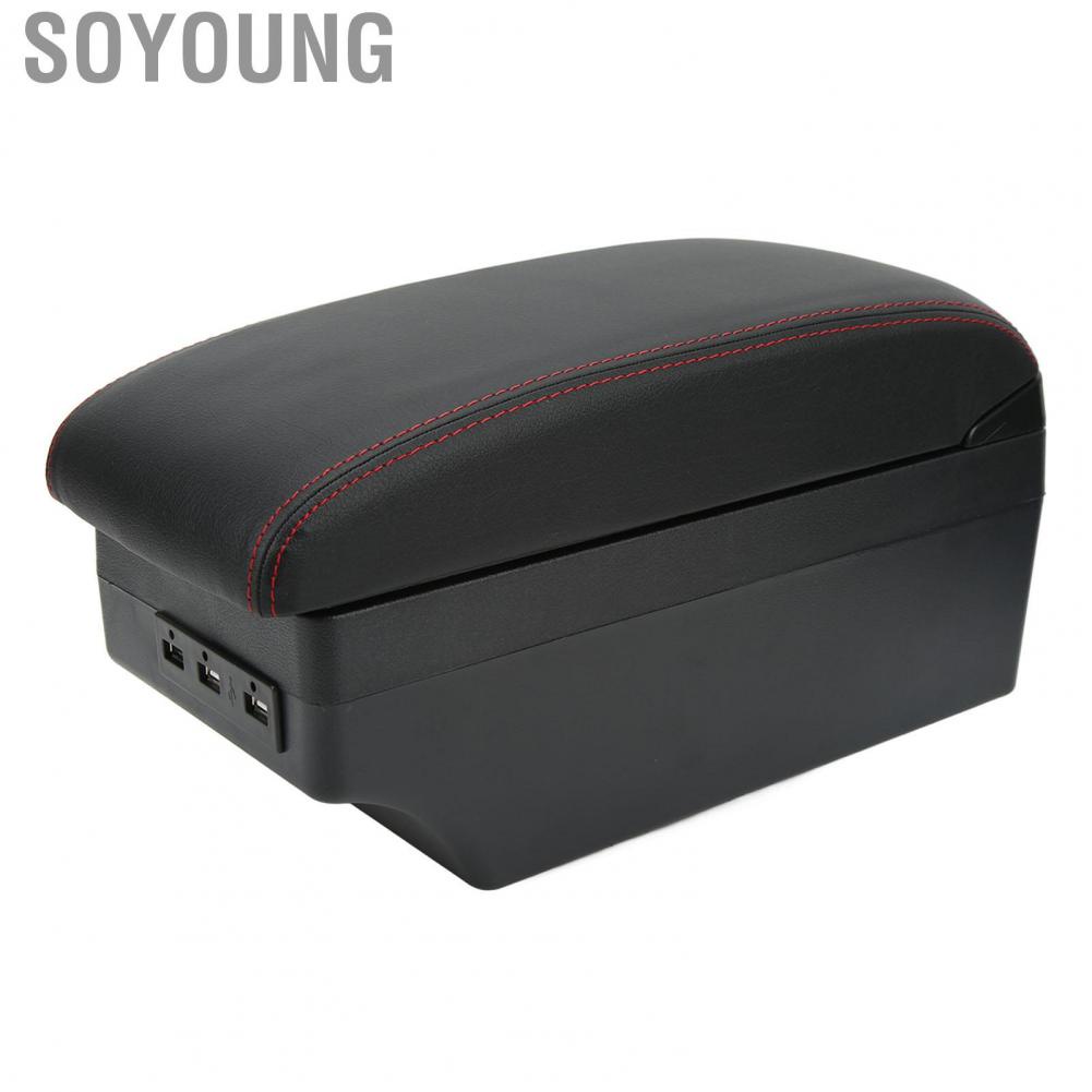Soyoung Armrest Box Center Console Organizer 7 USB Ports Front Rear Expansion Black for Auto Interior
