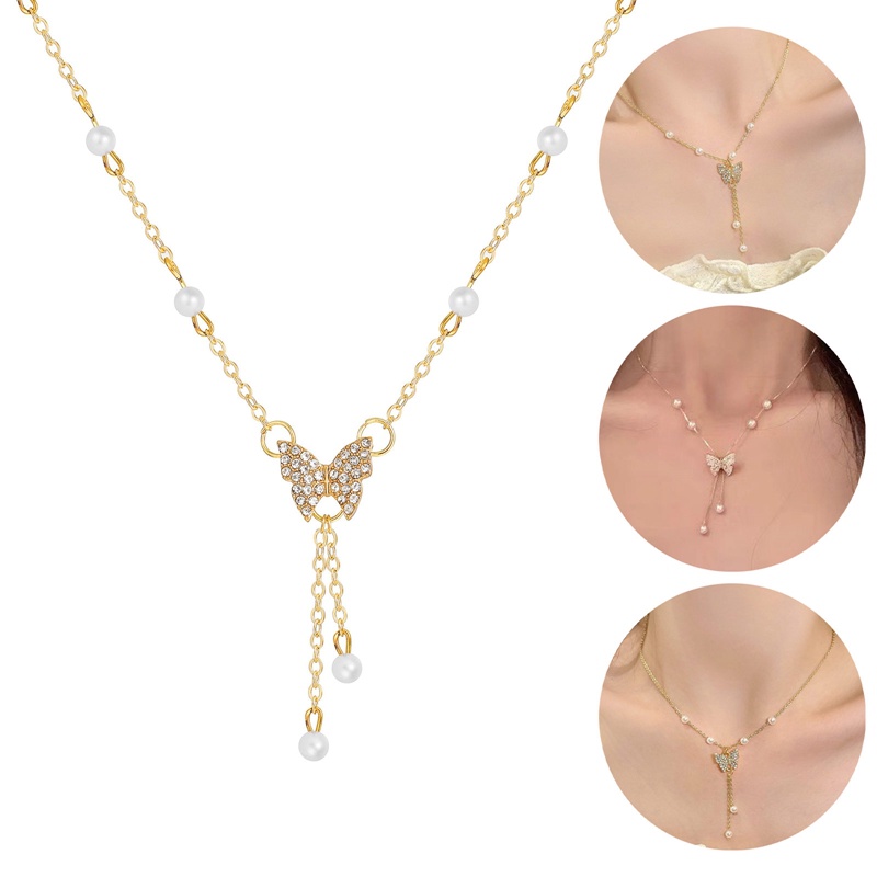 Vòng cổ Mặt Hình Bướm Đính Ngọc Trai Và Đá Zircon Lấp Lánh Thời Trang Cho Nữ