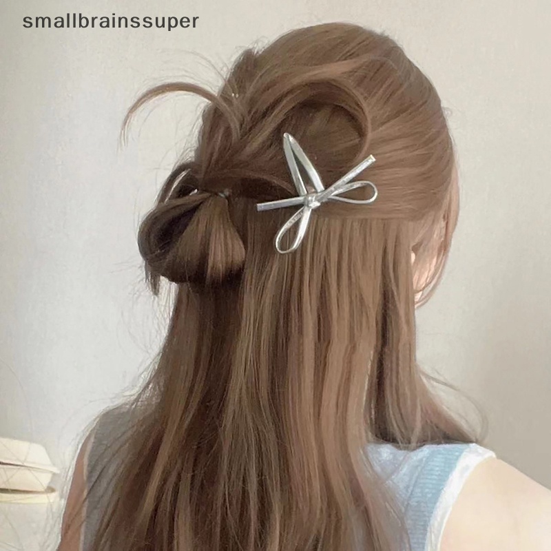 Smallbrainssuper 2023 Kẹp Tóc Nơ Bằng Da Màu Bạc Hàn Quốc Mới Với Cạnh Kẹp Mỏ Vịt Thanh Lịch Phổ Biến Một Đường Viền Dọc Sb