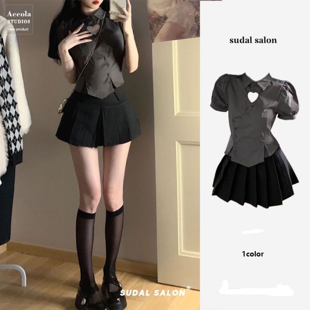 Bộ Áo Sơ Mi Khoét Hình Trái Tim + Chân Váy Ngắn Xếp Ly Lưng Cao Thời Trang Cho Nữ
