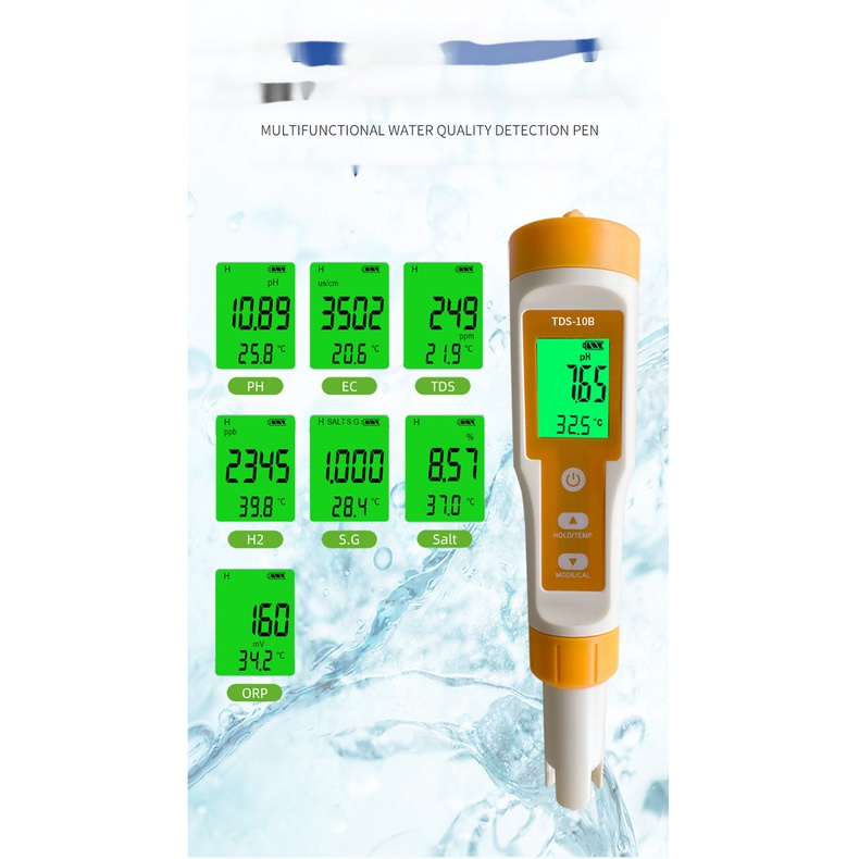 Máy Đo Nhiệt Độ pH TDS PPM EC ORP H2 8 Trong 1 Màn Hình LCD Cho Hồ Bơi / Bể Cá / Rượu Vang