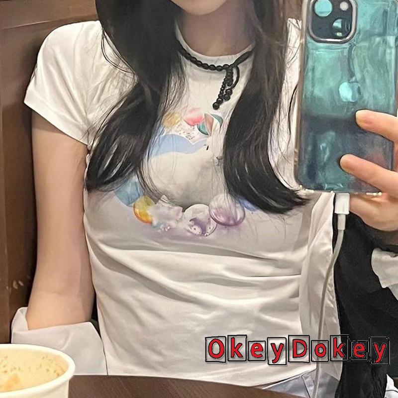 Áo Croptop Ngắn Tay Ôm Dáng In Họa Tiết Thỏ Dễ Thương Cho Nữ