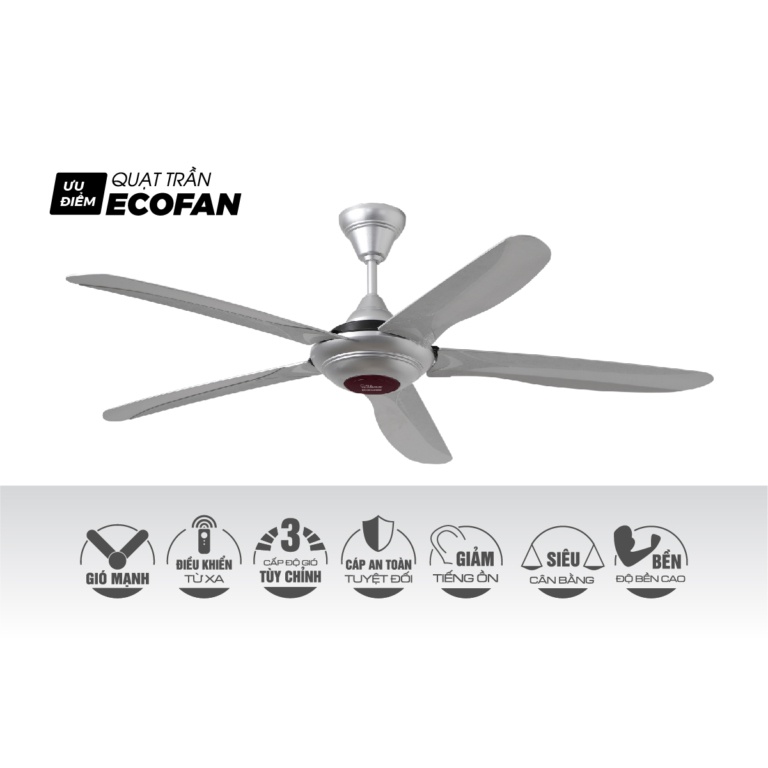 Quạt trần 5 cánh ECOFAN RUBY Vận hành êm ái Tiết kiệm điện năng - Bảo hành chính hãng