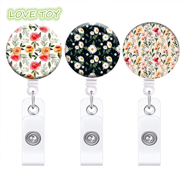 Set 3 Kẹp Giữ Thẻ Id / Tên Bằng Epoxy Gọn Nhẹ In Họa Tiết Hoa Dễ Thương Có Thể Thu Gọn