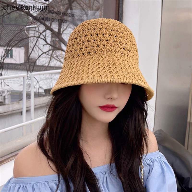 Nón Tai Bèo Dệt Kim Mềm Màu Trơn Khoét Rỗng Có Thể Thu Gọn Cho Nữ