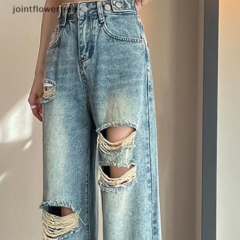 [FLVN] Hàng Mới Về] Quần Baggy Jeans Ống Rộng Cạp Cao Phối Vết Rách Mùa Hè Cho Nữ