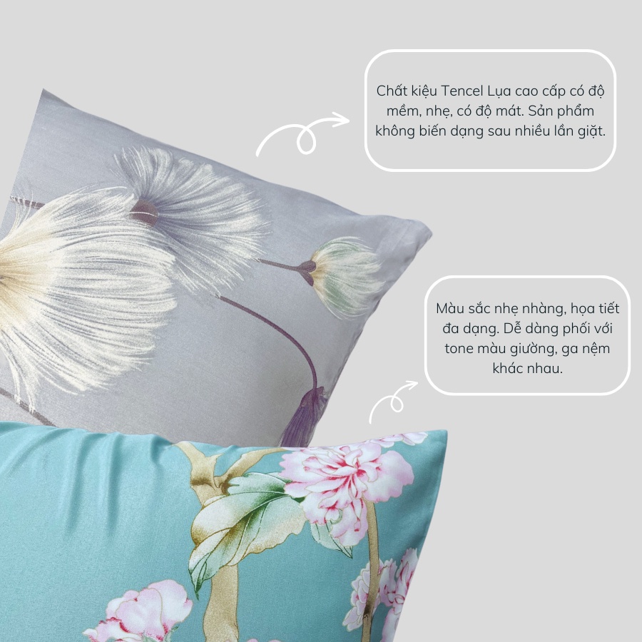 Vỏ gối Tencel Lụa Standard Cao Cấp Huỳnh Liên Bedsheets 40x60/50x70 nhiều họa tiết, Áo Gối không bai xù mịn mát
