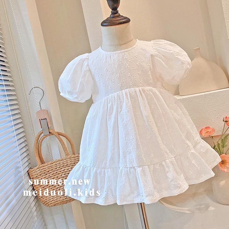 Đầm Công Chúa Chất Cotton Tay Phồng Thêu Họa Tiết Thời Trang Mùa Hè Xinh Xắn Cho Bé Gái
