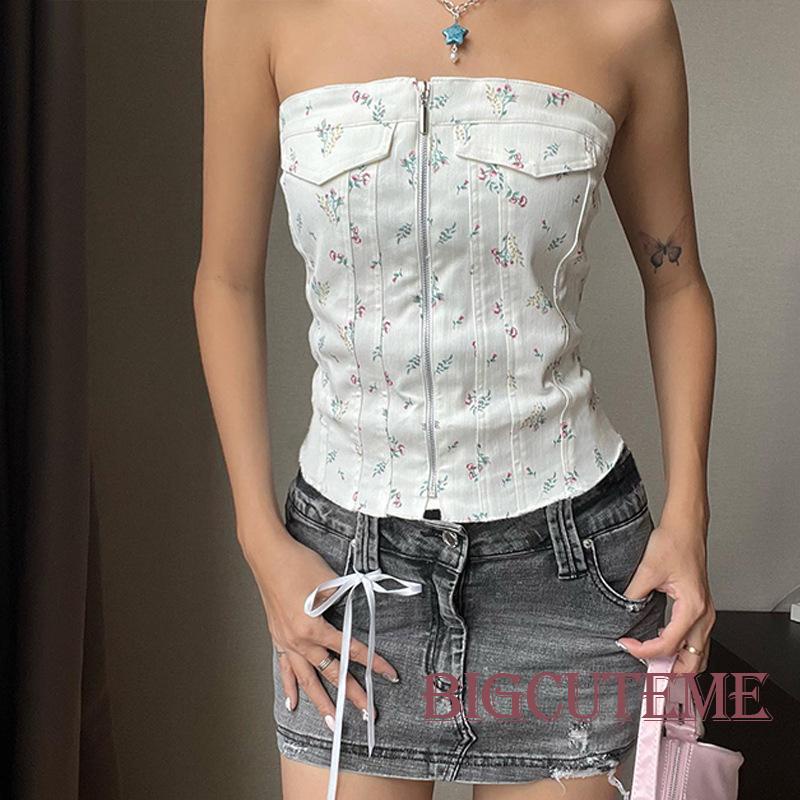 Áo Ống Có Khóa Kéo In Hoa Hở Vai Thời Trang Mùa Hè Dành Cho Nữ