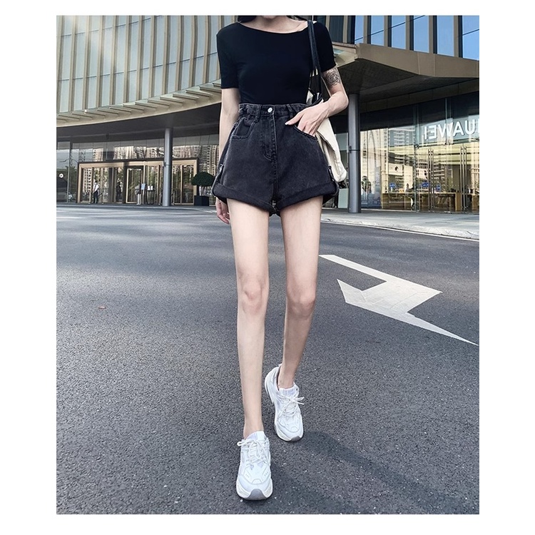Quần Short Denim Lưng Cao Ống Rộng Phong Cách Hàn Quốc