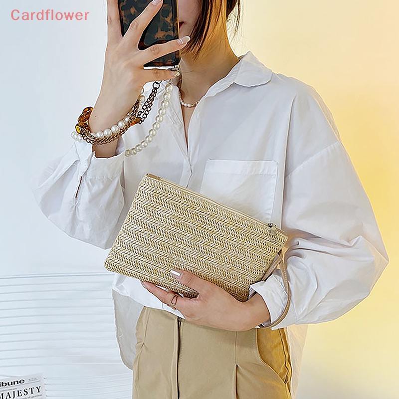 < Cardflower > Ví Dệt Mây Màu Trơn Có Dây Đeo Cổ Tay Thời Trang Nữ Đựng Điện Thoại / Tiền Xu / Thẻ Đi Biển Hàng Ngày Mới