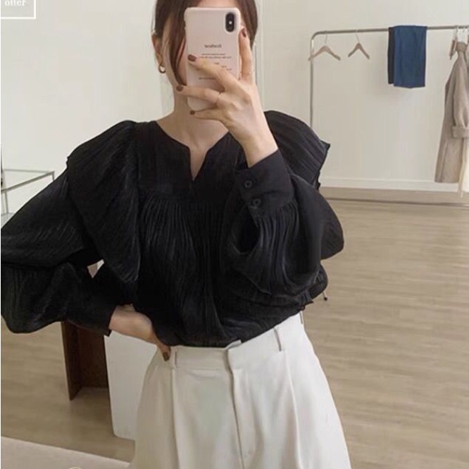 Áo Sơ Mi Nữ Tay Dài Phồng Phối Bèo Phong Cách Hàn Quốc Mới
