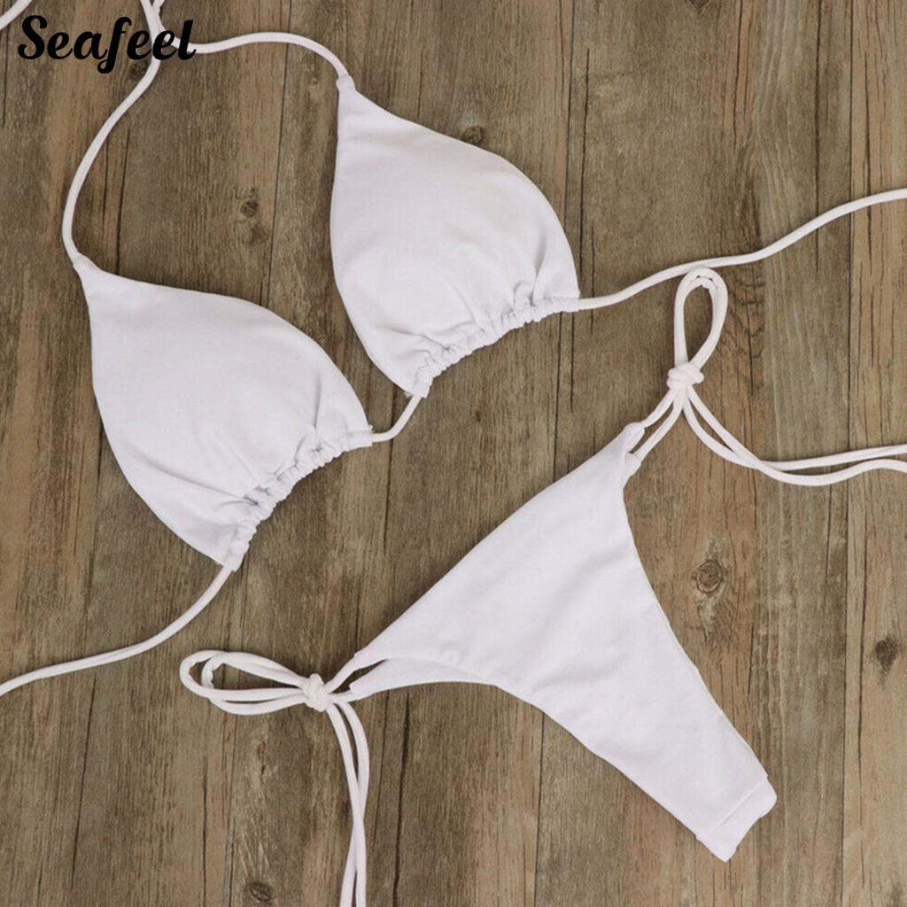 Bộ Bikini 2 Mảnh Dây Đeo Cổ Màu Sắc Đơn Giản Cho Nữ