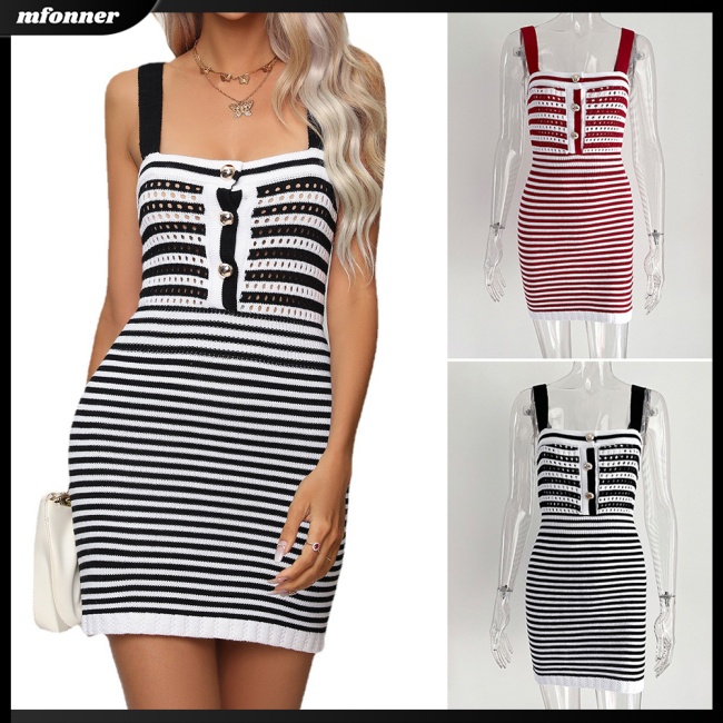 Đầm Dệt Kim Sát Nách Cổ Vuông Hở Lưng Họa Tiết Kẻ Sọc Cho Nữ