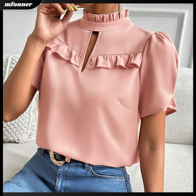 Áo Kiểu Tay Ngắn Phồng Cổ Tròn Màu Sắc Đơn Giản Thoáng Khí Dành Cho Nữ