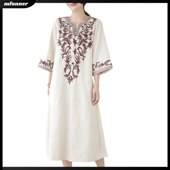 Đầm Midi Nữ Tay Lửng Cổ Chữ V Họa Tiết Thổ Cẩm Thời Trang