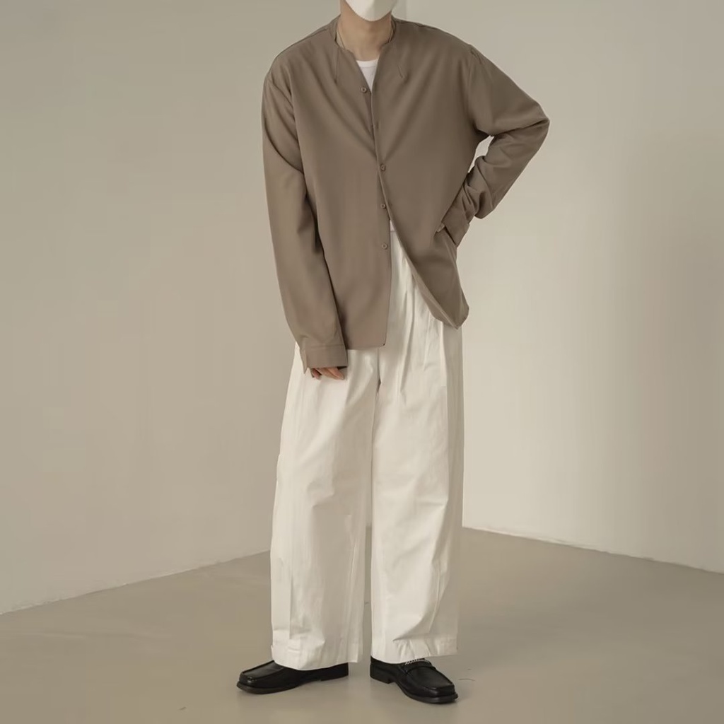 Áo Sơ Mi Lụa Lạnh Cao Cấp Không Cổ Phong Cách Anh Quốc Cho Nam