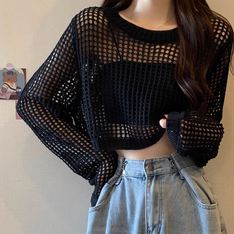 Áo Dệt Kim Mỏng Tay Dài Dáng Rộng Ngắn 9FVM Thời Trang Mùa Hè Cho Nữ