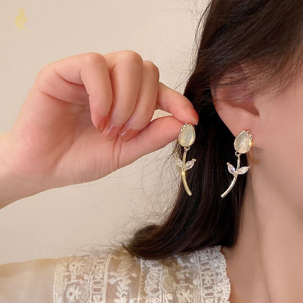 GETNOIVAS Bông Tai Mạ Bạc Hình Hoa Tulip Đính Đá Opal Thân Thiện Với Da