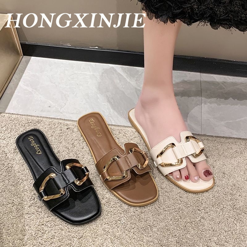 HONGXINJIE dép nữ dép sandal nữ dép quai hậu nữ 2023NEW Lưới đen trắng của khu phố thời trang retro 071439