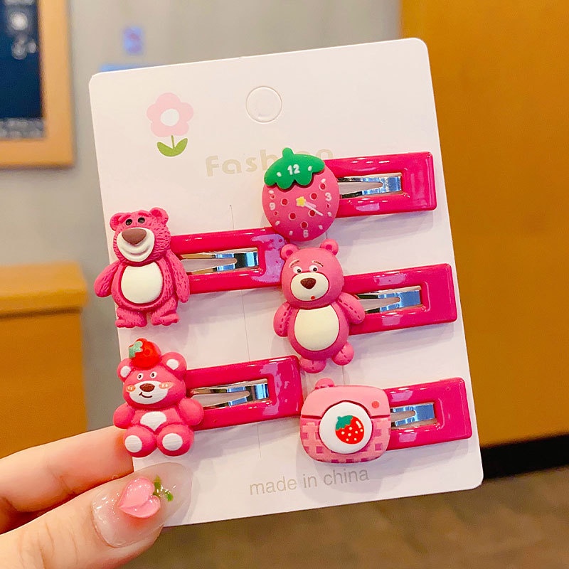 Set 5 Kẹp Tóc Hình Gấu / Dâu Tây Hoạt Hình Dễ Thương Cho Bé Gái