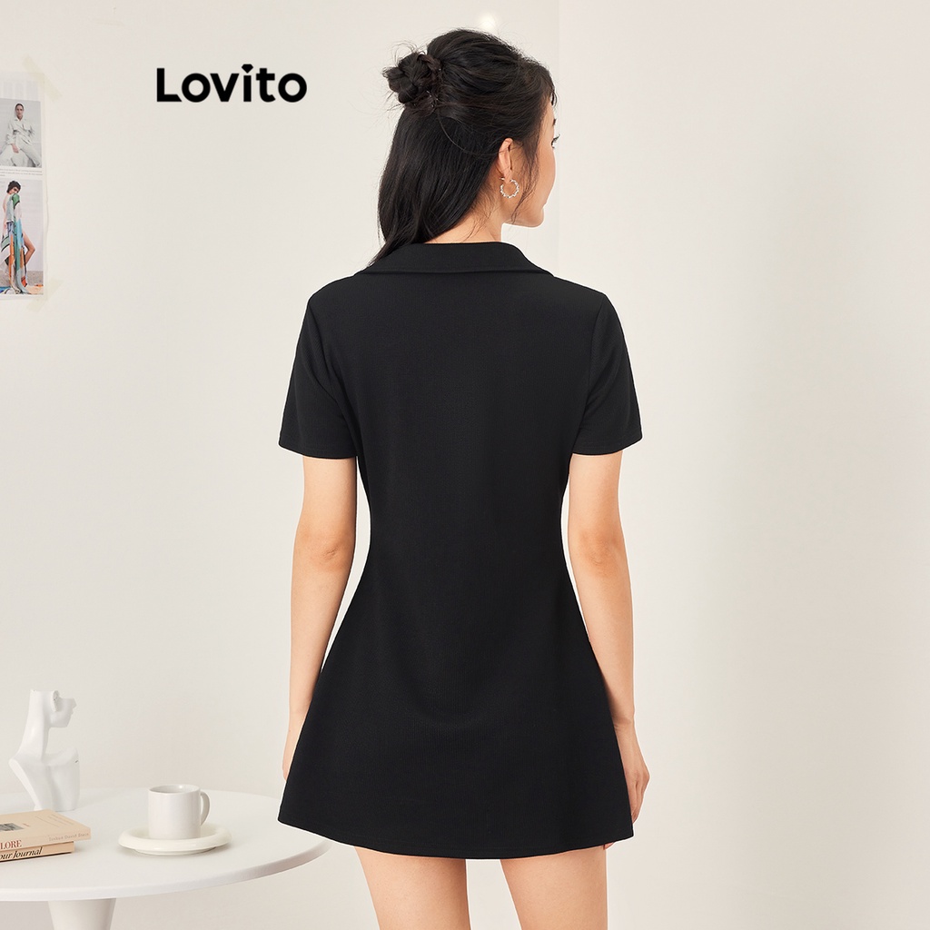 Đầm mini Lovito cổ chữ V có cổ tay ngắn xòe màu trơn phong cách thường ngày dành cho nữ L53AD035