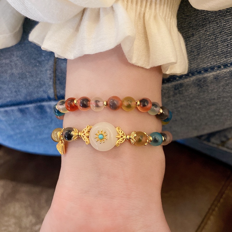 Vòng Tay Co Giãn Đính Hạt Ngọc Bích Hình Hoa Phong Cách Retro