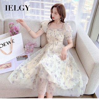 IELGY nữ mùa hè mới lãng mạn ánh sáng chín phong cách ngọt ngào và gợi cảm eo vuông tay phồng váy dài hoa