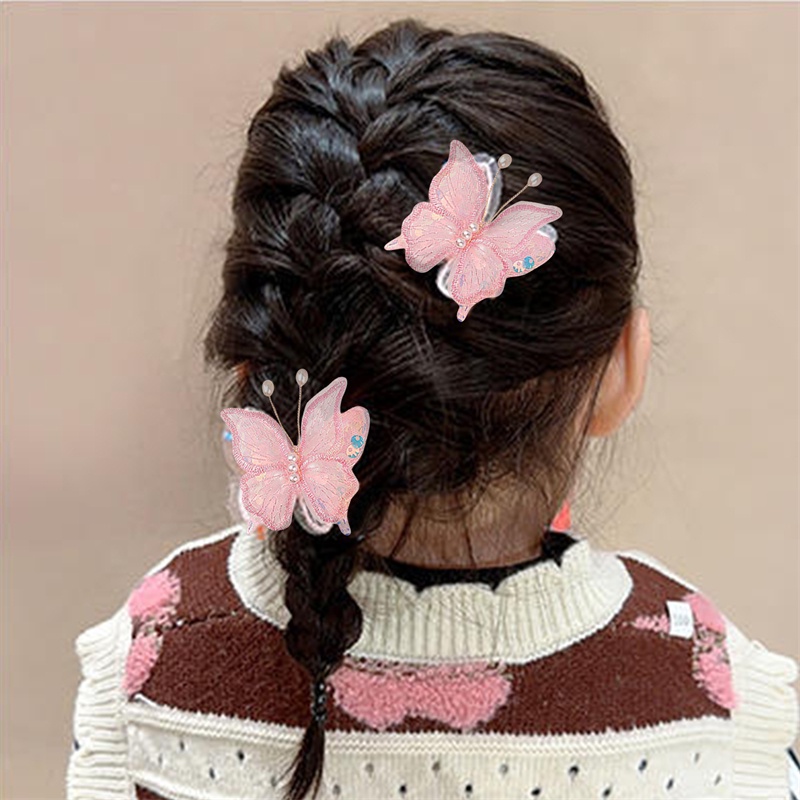 Set 2 Kẹp Tóc Hình Bướm Đính Kim Sa Ngọc Trai Màu Trơn Dễ Thương Đa Năng