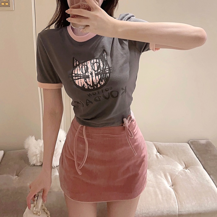 Áo Croptop Tay Ngắn Dáng Ôm In Họa Tiết Phong Cách Hàn Quốc Thời Trang Cho Nữ
