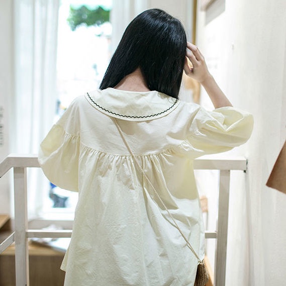 Áo Sơ Mi Tay Ngắn Phồng Cổ Búp Bê Thêu Họa Tiết Phong Cách Nhật Bản Thời Trang Mùa Hè Cho Nữ