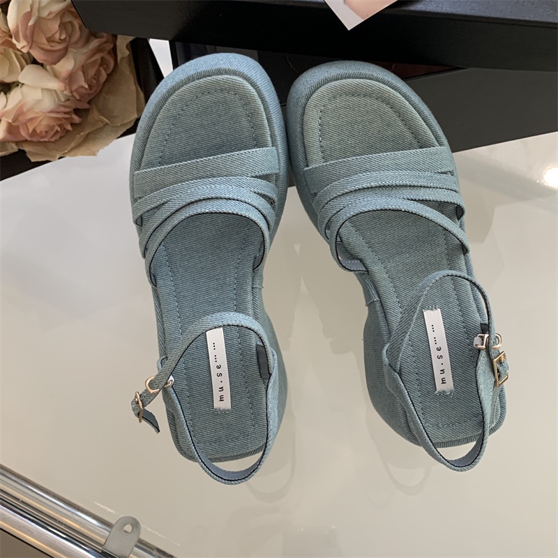 Giày Sandal Đế Xuồng Quai Denim Mùa Hè Hàn Quốc 2023 Phong Cách Mới Cho Nữ