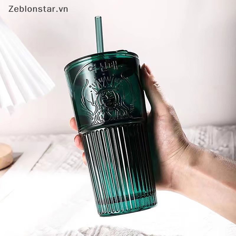 Cốc Thủy Tinh Uống Cà Phê Dung Tích 600ML Có Nắp Và Ống Hút Tiện Dụng