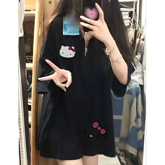 Áo polo Tay Ngắn Có Khóa Kéo In Hình Hello Kitty Thời Trang Mùa Hè Xinh Xắn Cho Nữ
