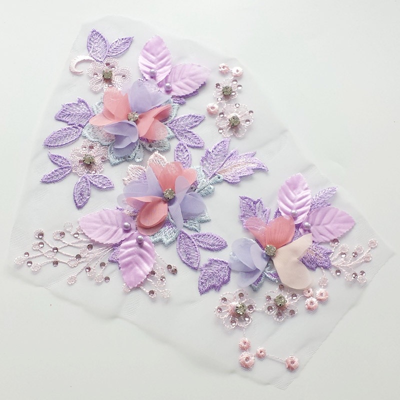 1 Miếng Vải Ren Thêu Hoa Đính Đá 3D 21 * 29.5cm