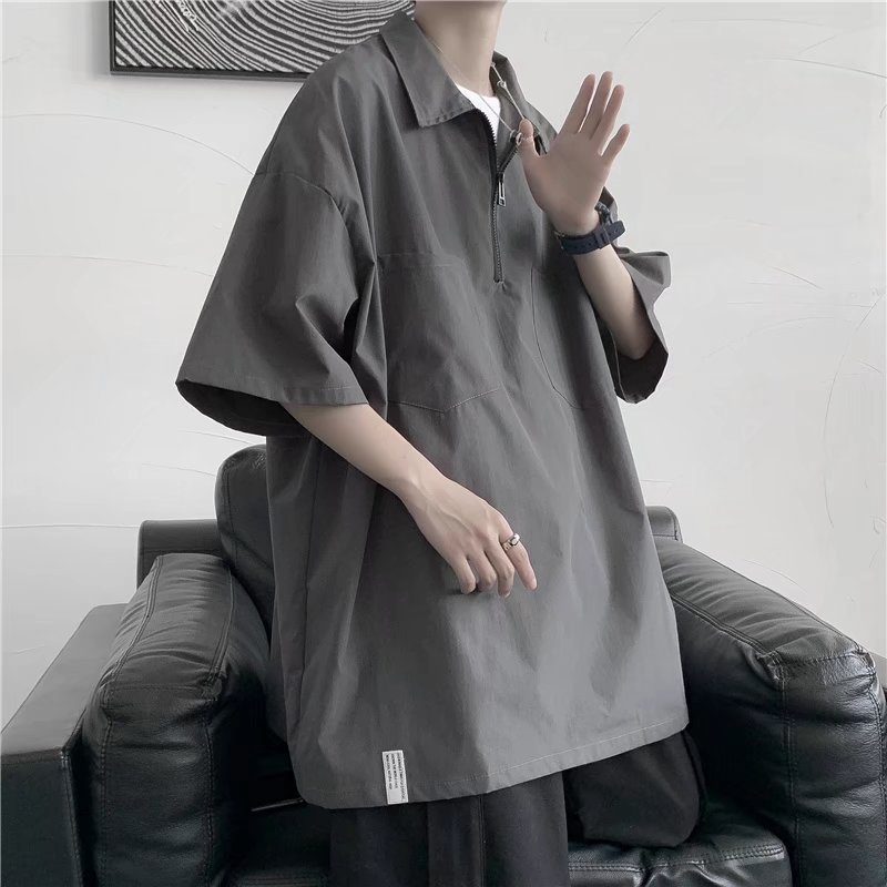 Áo Sơ Mi Ngắn Tay Có Khóa Kéo Nửa Phong Cách Hàn Quốc Cho Nam Mùa Hè Mỏng Mới Màu Trơn Có Ve Áo Áo Sơ Mi Nửa Tay Giản Dị Phù Hợp Với Mọi Lứa Tuổi