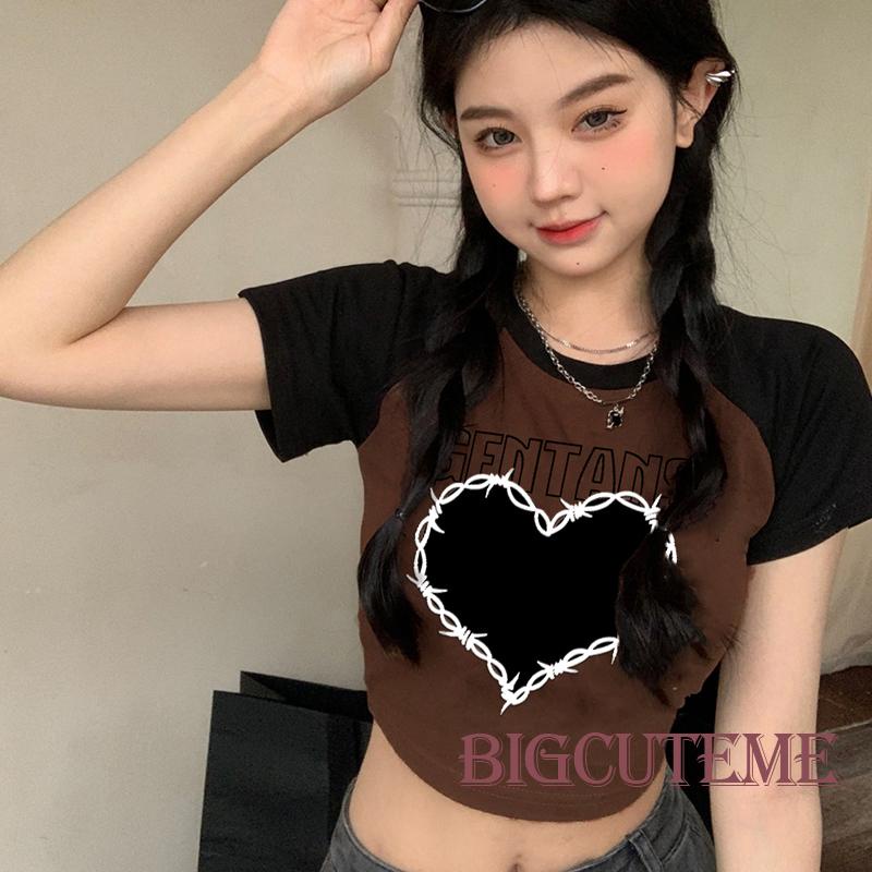 Áo Thun Crop Top Tay Ngắn Cổ Tròn In Hình Trái Tim Và Chữ Thời Trang Mùa Hè Cho Bé Gái