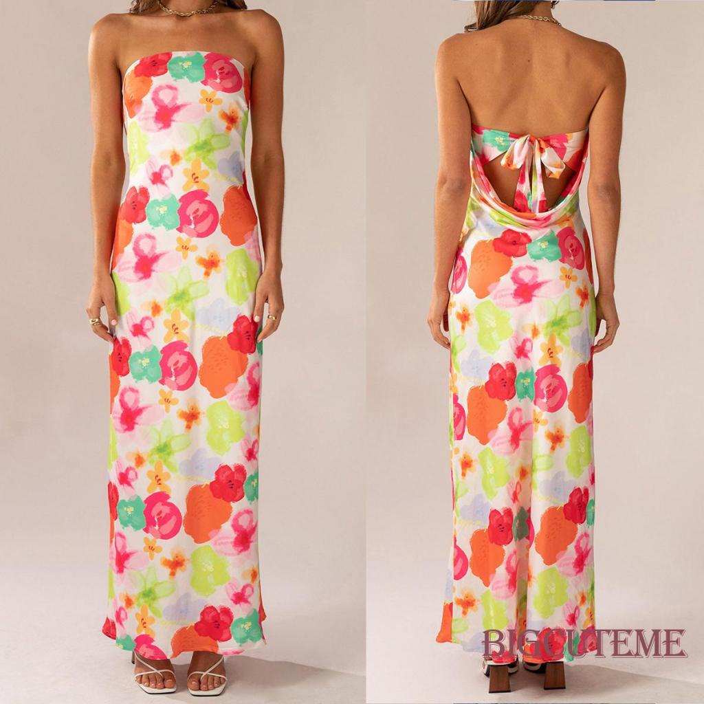 Đầm Dài Không Tay Cổ Thuyền In Hoa Hở Lưng Cột Dây Thời Trang Mùa Hè Cho Nữ