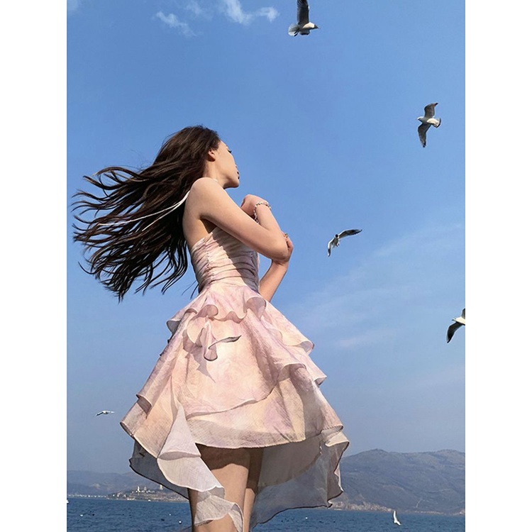 Đầm Ngắn Hai Dây Mùa Hè Ôm Eo Phong Cách Pháp Cho Nữ X9J2