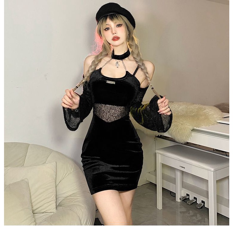 Đầm Ngắn Cổ Yếm Phối Ren Màu Đen 2EIR Thiết Kế Ngọt Ngào Có Thể Tháo Rời