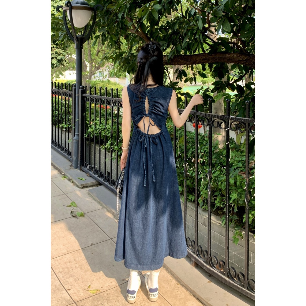 Đầm Denim Không Tay Hở Lưng Thời Trang Dành Cho Nữ