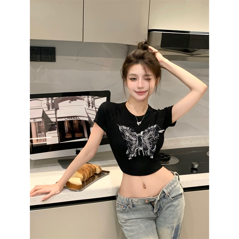 Áo Thun denim Họa Tiết Bướm Thời Trang Mùa Hè Cá Tính