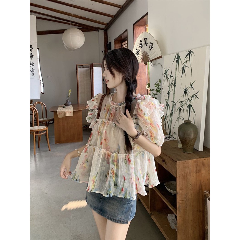 Áo Sơ Mi Chiffon Tay Cánh Tiên Dáng Rộng In Hoa Xinh Xắn Cho Nữ