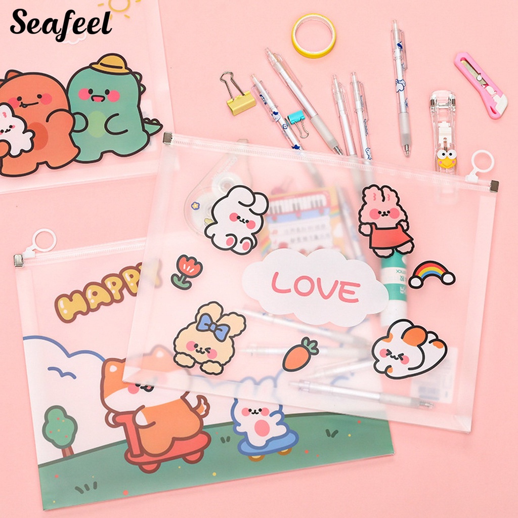 Túi Đựng Tài Liệu Cỡ A4 Đa Năng Chống Thấm Nước Có Khóa Kéo Họa Tiết Hoạt Hình Dễ Thương